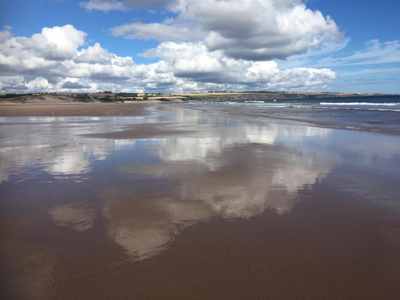 Clouds reflected in the wet sand at Lunan Bay